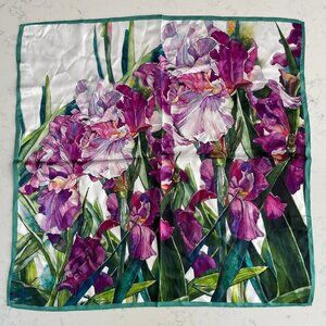 Floral Iris Print 100% Silk 20" Square Colorful Bold Scarf Purple Grn Wht Sz OS